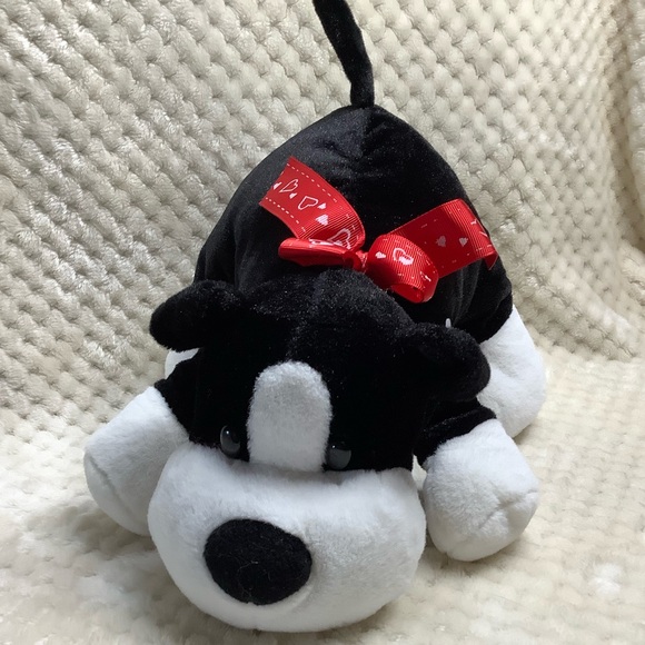 Loblaws Black and White Plush Puppy Dog with Red Heart Ribbon Stuffed Animal Toy - Picture 7 of 14